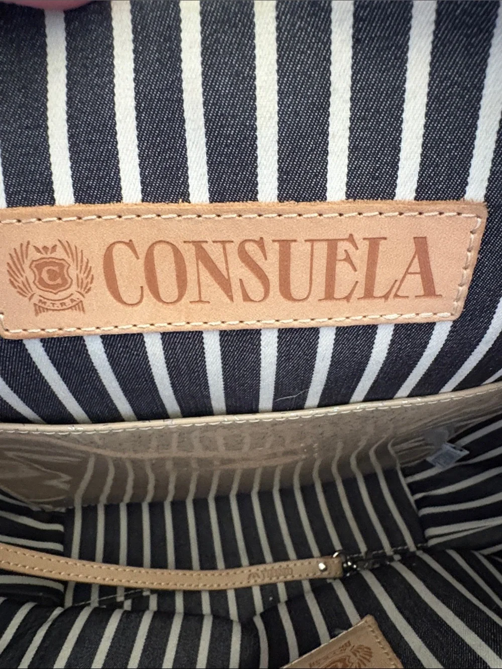 Consuela Thunderbird Cream Textured Tote with Tan Handles and Patterned Strap